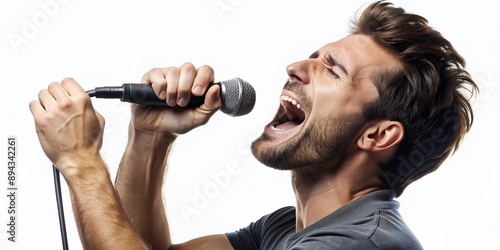 Solo male artist in spotlight, passionately singing into mic, isolated on pure white background, intense emotional expression, strong stage presence, creative lighting. photo