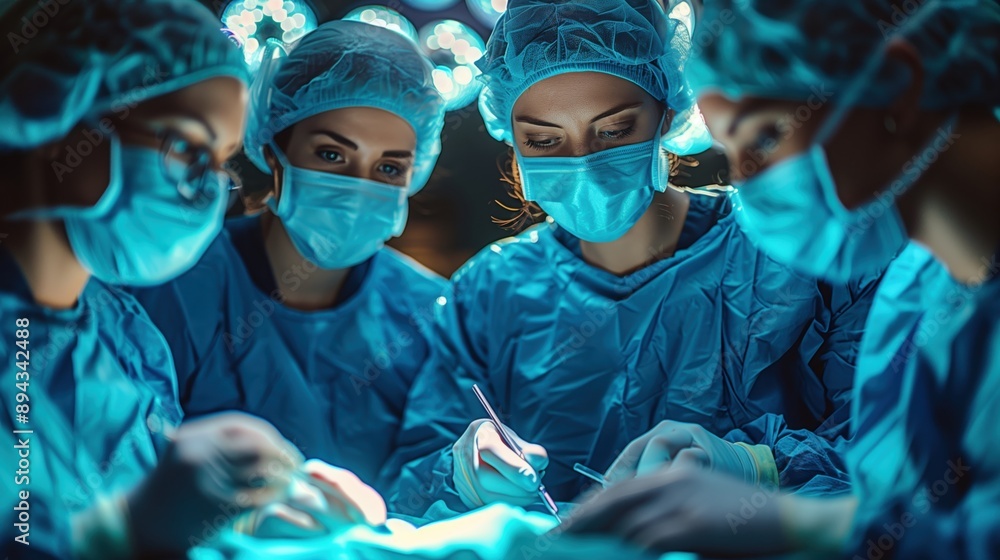 Surgery Look In Surgeons Performing Surgery Under Lights. Team of surgeons in blue ...