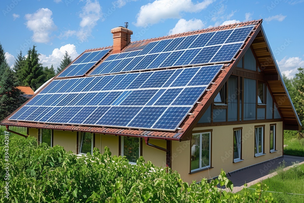 Fototapeta premium Eco-Friendly Living: Happy Family Utilizing Solar Panels for Sustainable Home - Renewable Energy Investment