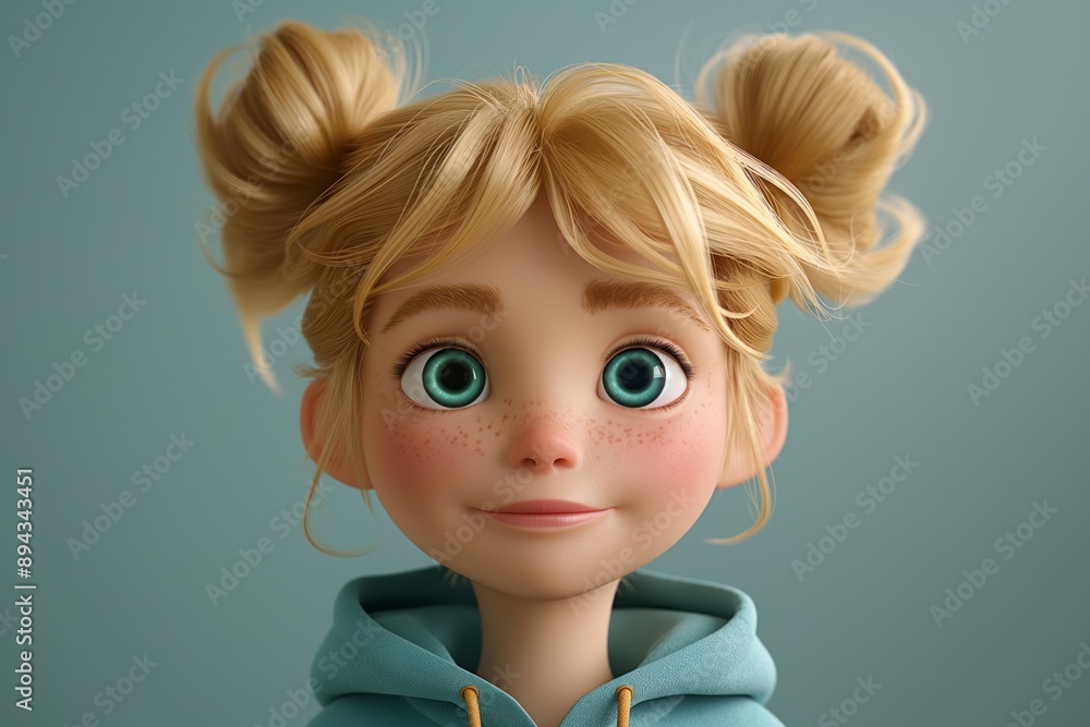 Cheerful cartoon girl with blonde pigtails and sparkling green eyes Cheerful cartoon girl with blonde pigtails and sparkling green eyes
