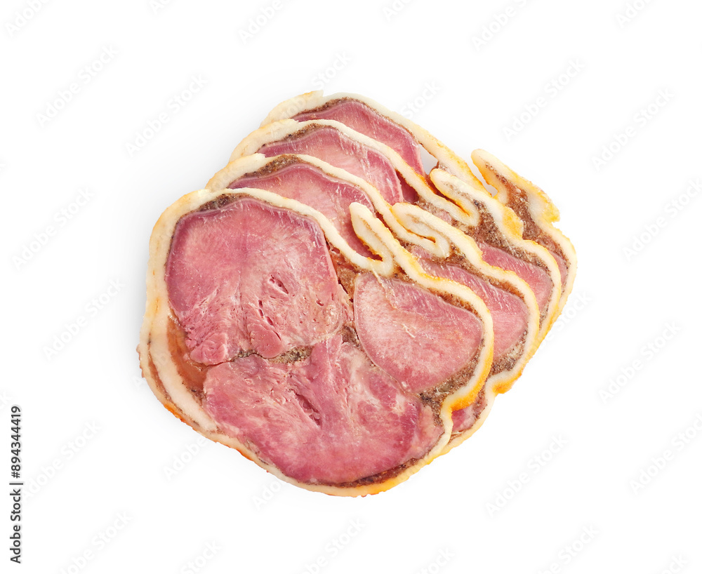 Sliced pork tongue roll with spices isolated on white background. Meat delicacy. Sliced pork tongue roll with spices isolated on white background. Meat delicacy.
