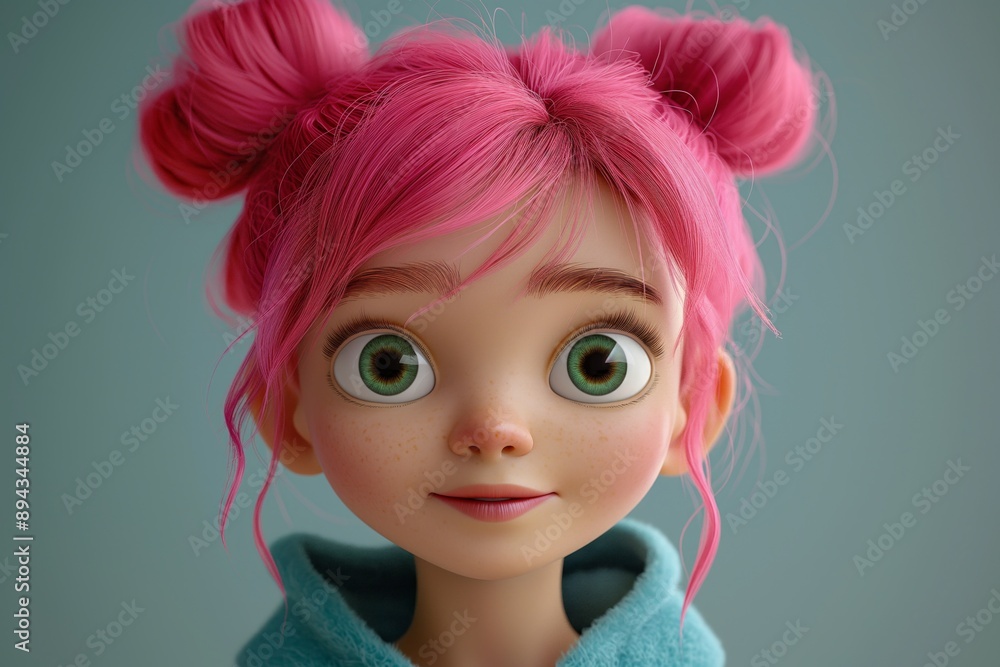 Animated girl with pink hair in buns, large eyes, and a cute turquoise hoodie Animated girl with pink hair in buns, large eyes, and a cute turquoise hoodie