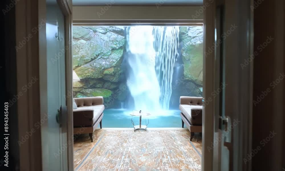Open doors to reveal a surreal beautiful waterfall cascading in the middle of the living room.