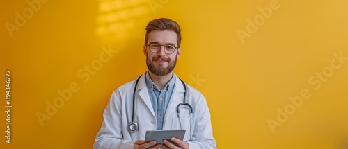 A cheerful yellow backdrop with a self-assured doctor holding a tablet and grinning while wearing a white coat and stethoscope.