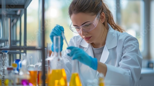 A committed scientist working hard on research in a well-equipped lab while donning a lab coat and safety goggles.