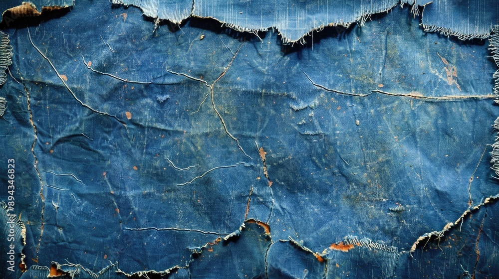 Obraz premium Blue is the color of an old denim fabric that is worn and torn