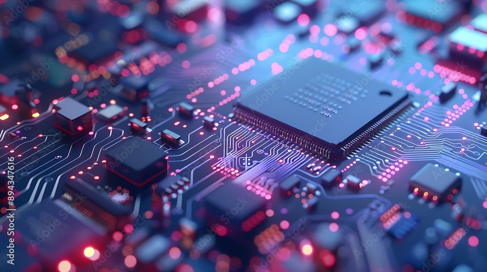 Fototapeta premium Circuit Board Microchip with Neon Glowing Lights for Modern Futuristic Digital Electronic Technology Concept.