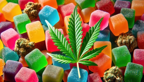 Colorful gummy cubes with a green cannabis leaf, gummy cubes in various colors