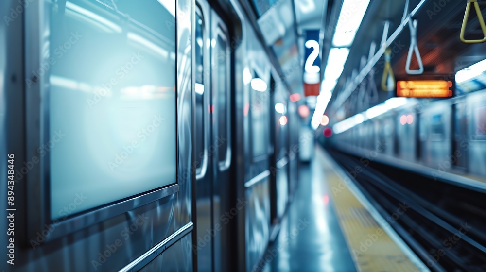 Fototapeta premium Advertising poster banner on the wall of a train car in the subway Free space Outdoor advertising in public transport subway car : Generative AI