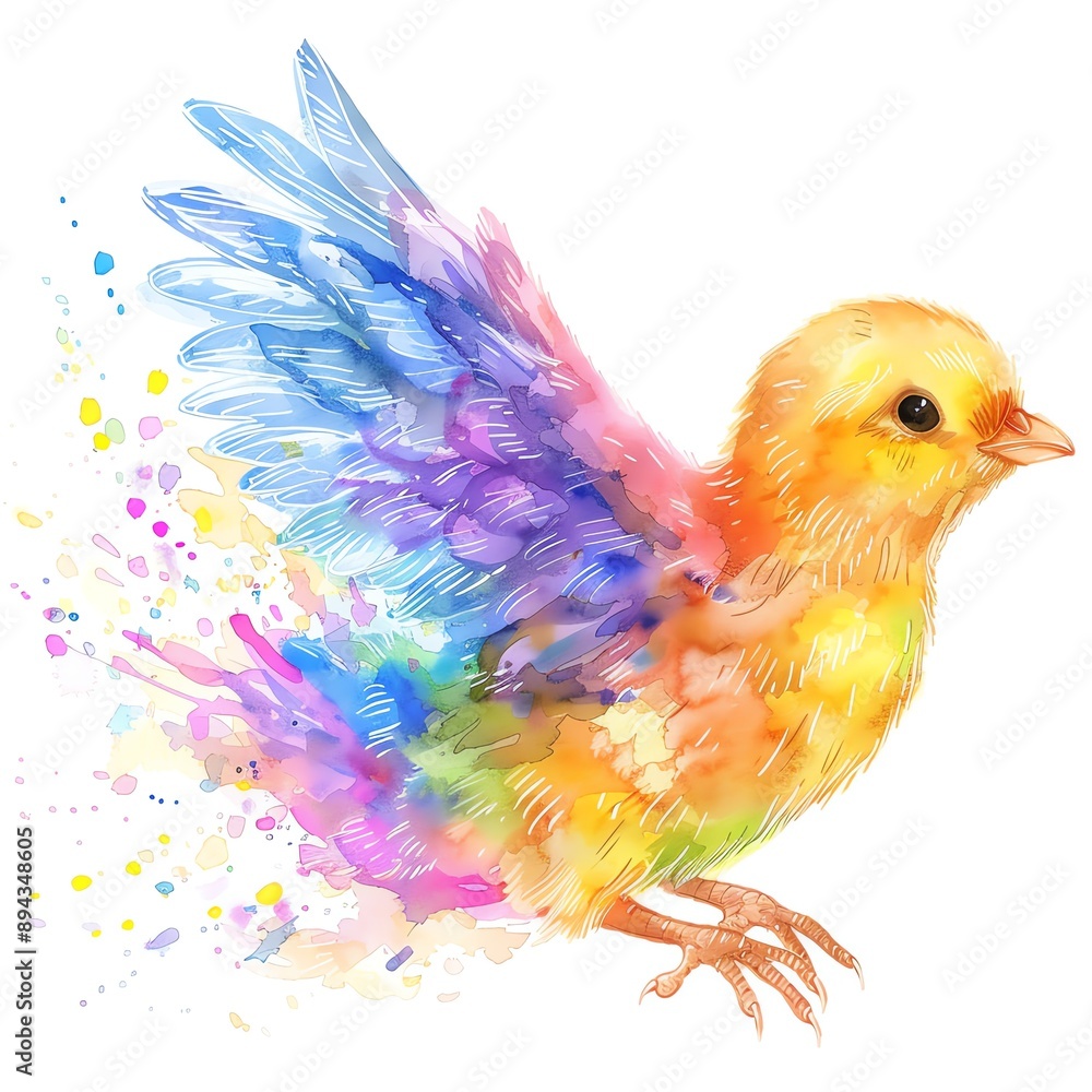 Obraz premium a flying rainbow chick, Easter symbol, watercolor effect, colorful and lively, isolated on white background