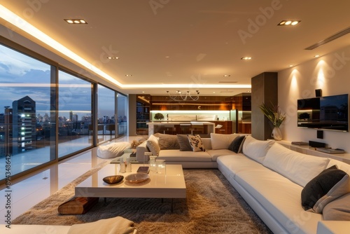 a modern living room with a view of the city