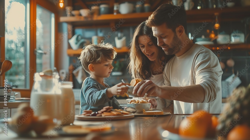 Portrait of mother father and son preparing and eating breakfast and drinking milk in the kitchen at home : Generative AI Portrait of mother father and son preparing and eating breakfast and drinking milk in the kitchen at home : Generative AI