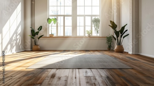 Yoga mat on wooden floor in bright room, space for text