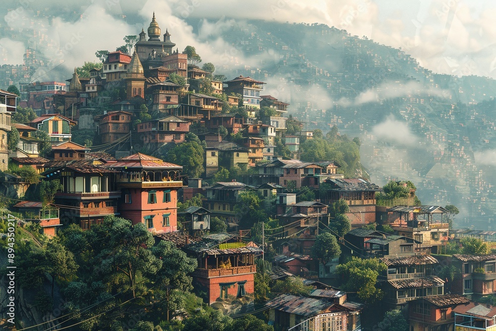 Fototapeta premium ai generative houses in misty mountains village