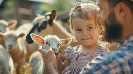 Adorable cute toddler girl and young father feeding little goats and sheeps on a kids farm Beautiful baby child petting animals in petting zoo man and daughter together on family weeke : Generative AI