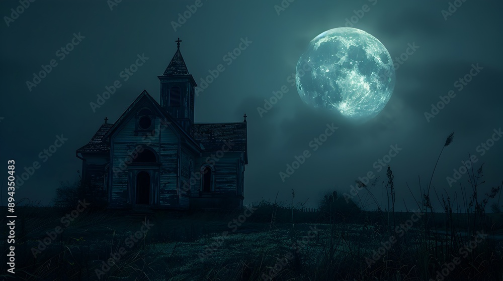 A large full moon hangs high in the sky, illuminating a small abandoned church with its soft light. A large full moon hangs high in the sky, illuminating a small abandoned church with its soft light.