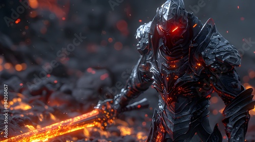 Character in a fantasy setting, wielding a sword and surrounded by fiery particles.