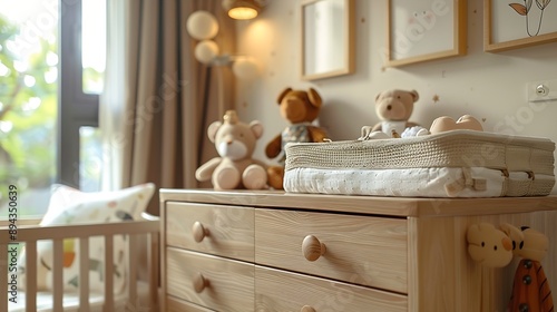 Beautiful baby room interior with toys and modern changing table : Generative AI