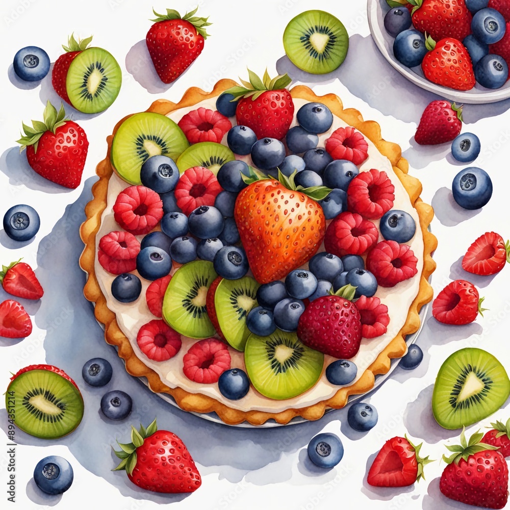 Obraz premium A vibrant watercolor illustration of a whole tart cake decorated with an array of fresh strawberries blueberries kiwi slices and raspberries
