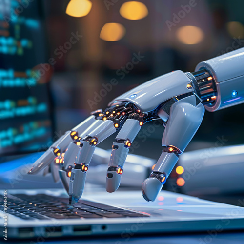 Robotic hands hover over a laptop, their fingers poised to interact with a chatbot interface. This image represents the integration of artificial intelligence into digital assistance technology.