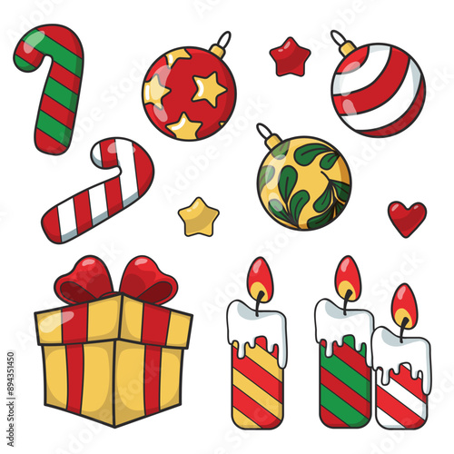 Colorful Christmas vector icons set - Christmas balls, gift box, stars, candles, candies, heart, Holiday cheer, red, yellow, green, white background