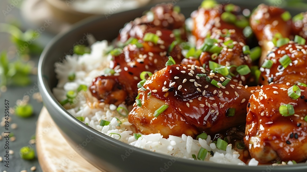 Chicken drumsticks with sesame seeds and rice Asian cooked chicken close up High quality photo : Generative AI Chicken drumsticks with sesame seeds and rice Asian cooked chicken close up High quality photo : Generative AI