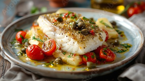 Stockfish white without tomatoes in Messina style Cod stewed with cherry tomatoes caper olive oil and potato Traditional plate of Messina Sicily Italy Selective focus : Generative AI