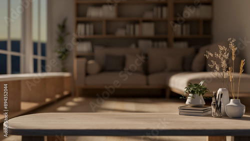 Fotografía A space for displaying products on a wooden coffee table in a cozy, contemporary living room