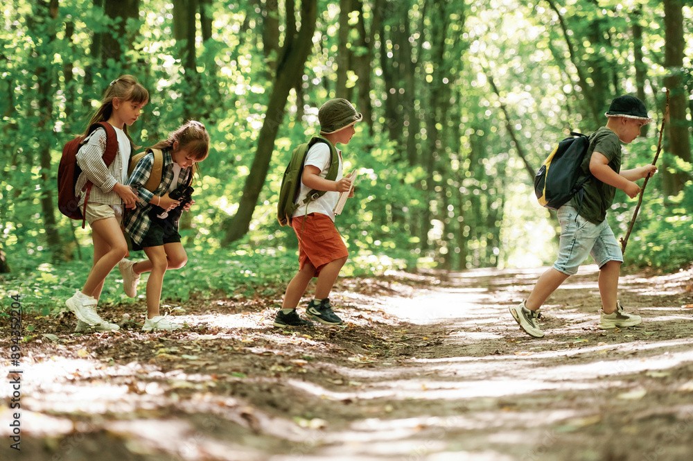 Weekend hiking. Kids in forest at summer daytime together Weekend hiking. Kids in forest at summer daytime together