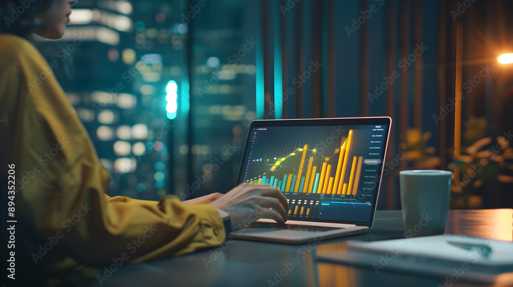 Person analyzing data on a laptop with a cityscape background at night Person analyzing data on a laptop with a cityscape background at night