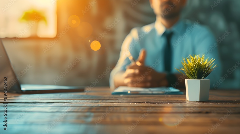 Man sitting at a desk with a potted plant in front of him. Man sitting at a desk with a potted plant in front of him.