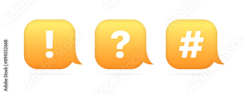 Exclamation mark, question mark and hashtag set icons. Flat style. Vector icons.