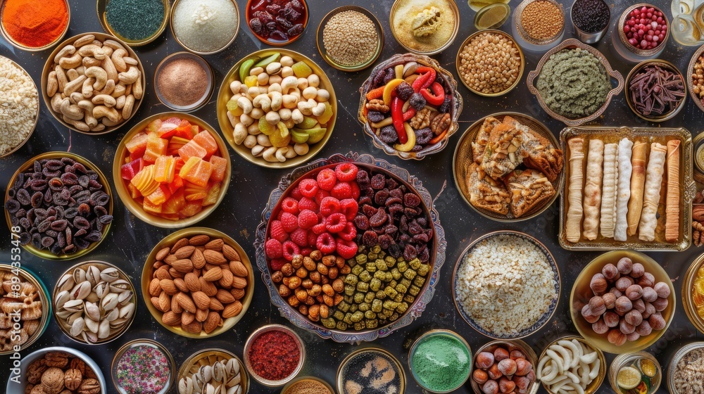 Assorted Eastern and Arabic Desserts with Nuts and Dried Fruits Aerial Perspective Display Assorted Eastern and Arabic Desserts with Nuts and Dried Fruits Aerial Perspective Display