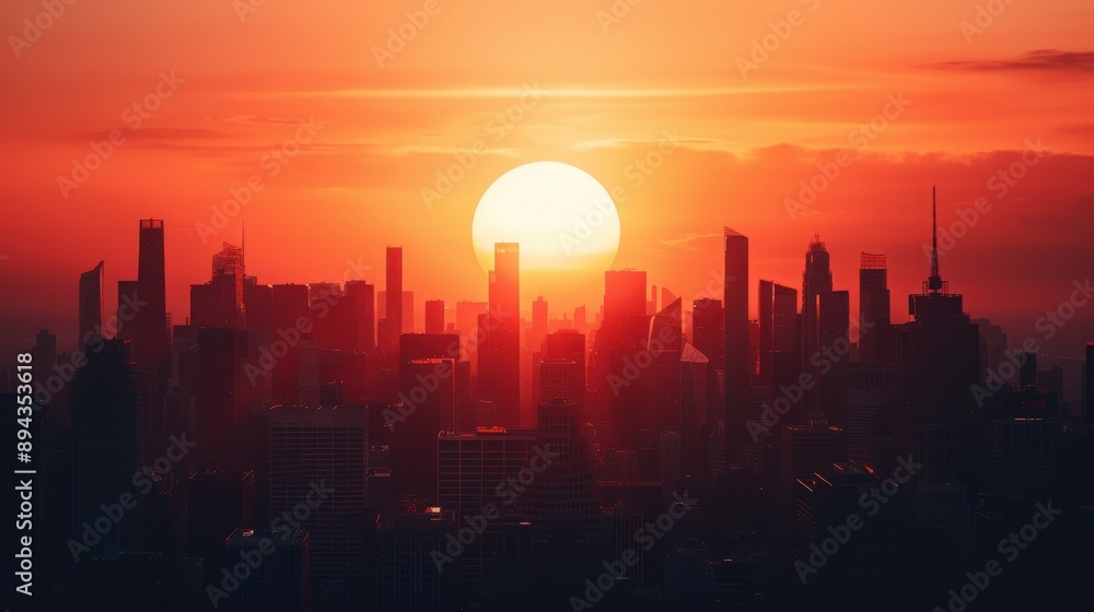 Fototapeta premium Silhouette of Modern City Skyline at Sunset with Dramatic Red Sky.