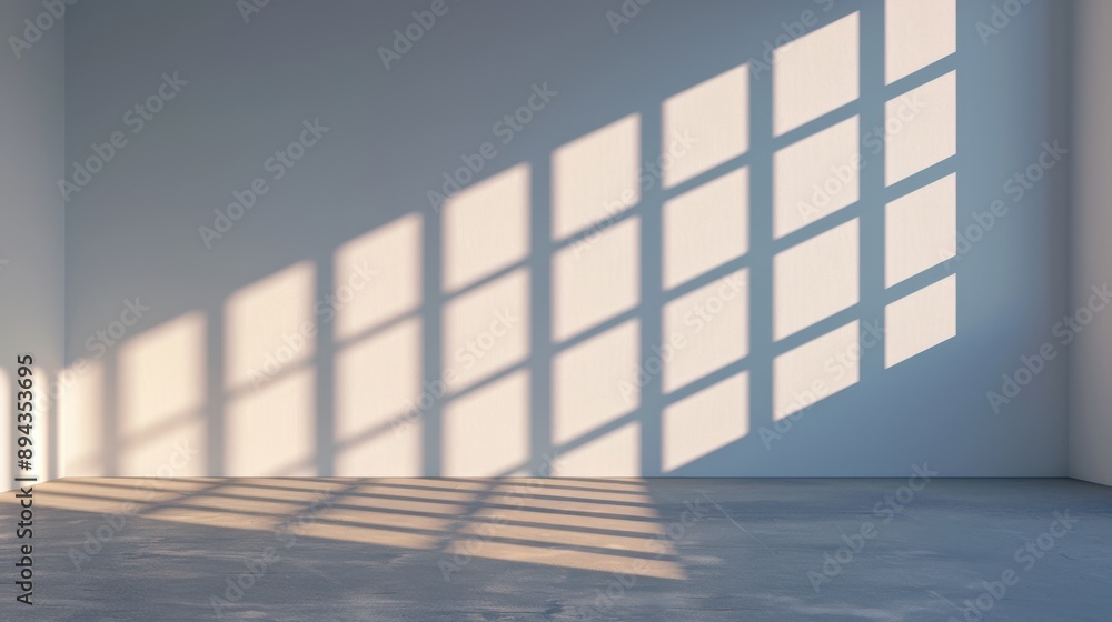 Obraz premium Empty Room with Grid Window Shadows on Wall and Floor.