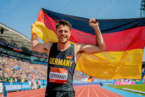 Joyful German Olympian at Paris 2024. A male athlete from Germany, dark brown hair, fair skin, radiating happiness and pride with the German flag.
 photo