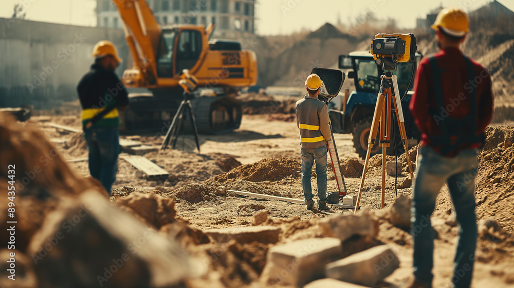 A group of surveyors in hard hats measuring land on a construction site. They are surrounded by survey equipment, and the scene includes a partially developed area with construction machinery A group of surveyors in hard hats measuring land on a construction site. They are surrounded by survey equipment, and the scene includes a partially developed area with construction machinery