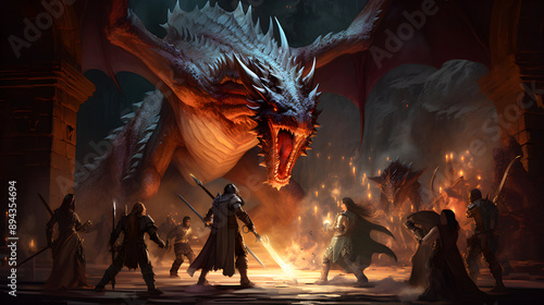 Epic Confrontation in Ancient Dungeon: Adventurers Battle a Dragon in a DnD Game Illustration