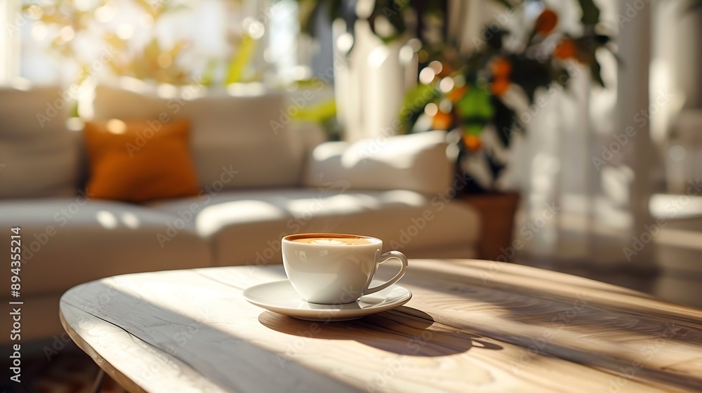 Interior of light apartment with cup of fresh espresso on coffee table : Generative AI Interior of light apartment with cup of fresh espresso on coffee table : Generative AI