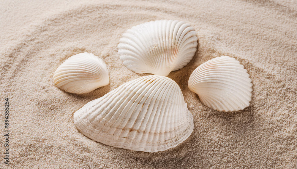 Collection of different white seashells, conch on sand surface. Natural element. Top view. Close-up. Collection of different white seashells, conch on sand surface. Natural element. Top view. Close-up.