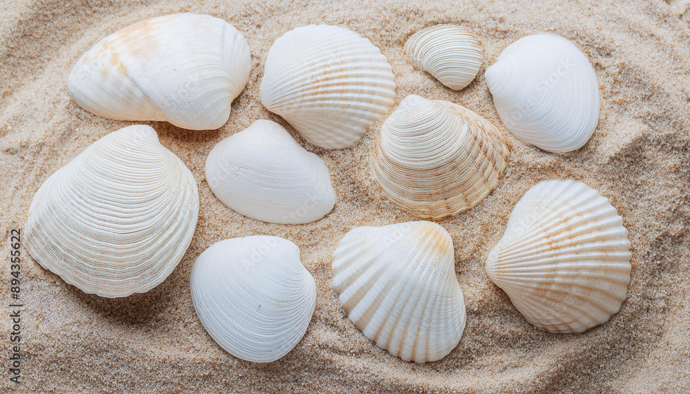 Collection of different white seashells, conch on sand surface. Natural element. Top view. Close-up. Collection of different white seashells, conch on sand surface. Natural element. Top view. Close-up.