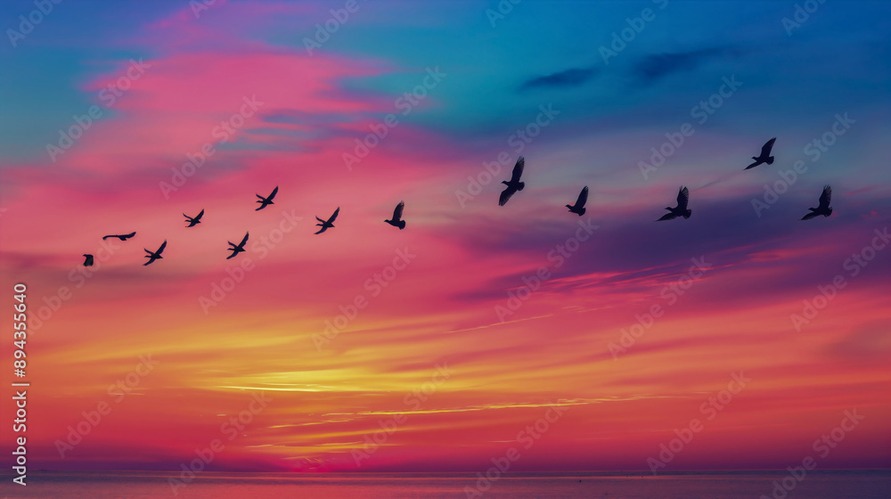 Fototapeta premium Beautiful sunset landscape with a colorful sky, summer sunshine, orange and pink clouds, with black silhouettes of birds flying, migrating to tropical regions, nature and animals, wildlife and freedom