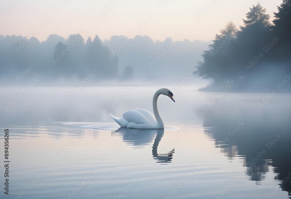 Fototapeta premium A beautiful, peaceful swan swimming on a lake surrounded by mist and forests in the morning