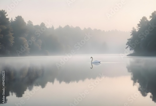 A beautiful, peaceful swan swimming on a lake surrounded by mist and forests in the morning