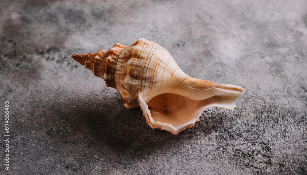 Seashell on gray cement surface backdrop. Natural element. Top view. Close-up. Flat lay. Seashell on gray cement surface backdrop. Natural element. Top view. Close-up. Flat lay.
