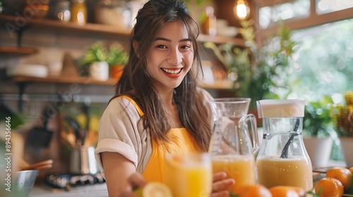 Portrait of beauty healthy asian woman making orange fruit smoothie with blendergirl preparing cooking detox cleanse with fresh orange juice in kitchen at homehealth vitamin c diet hea : Generative AI photo