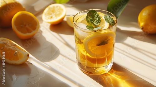 Iced tea with lemon mint in a glass on light background with shadow and citrus fruits The concept of a refreshing and trendy drink or lemonade on a hot summer day Front view : Generative AI