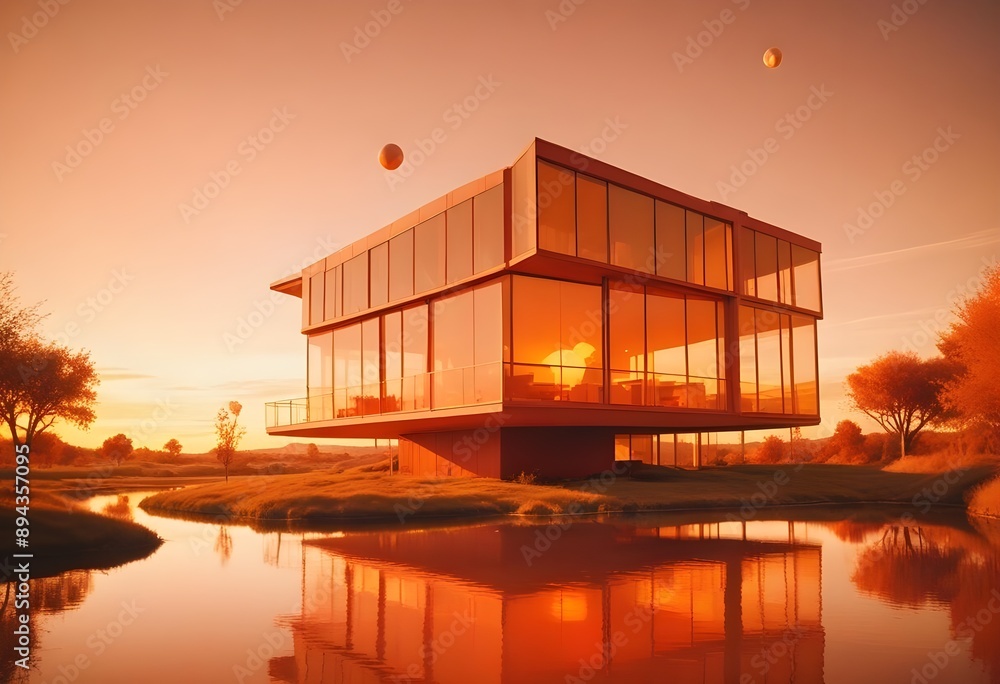 A modern villa with large windows on every side and a terrace, situated in a peaceful setting by a forest and lake, with a dramatic sunset and balloons floating in the distance A modern villa with large windows on every side and a terrace, situated in a peaceful setting by a forest and lake, with a dramatic sunset and balloons floating in the distance