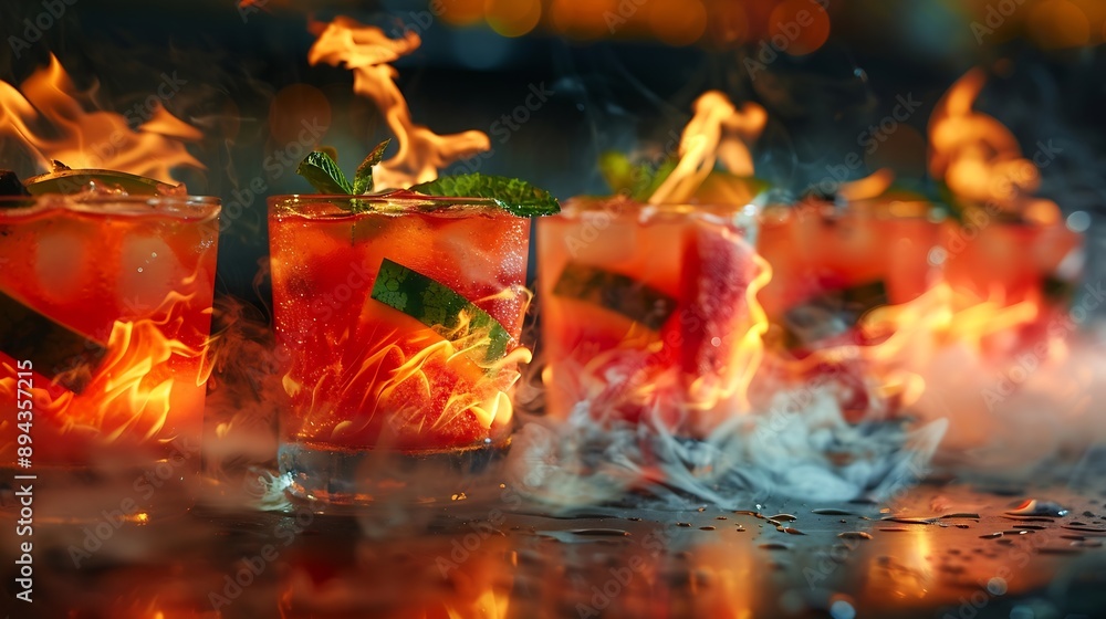 Many glasses of cocktail drinking decorated by the watermelon and the flame of fire on the top of glasses : Generative AI Many glasses of cocktail drinking decorated by the watermelon and the flame of fire on the top of glasses : Generative AI