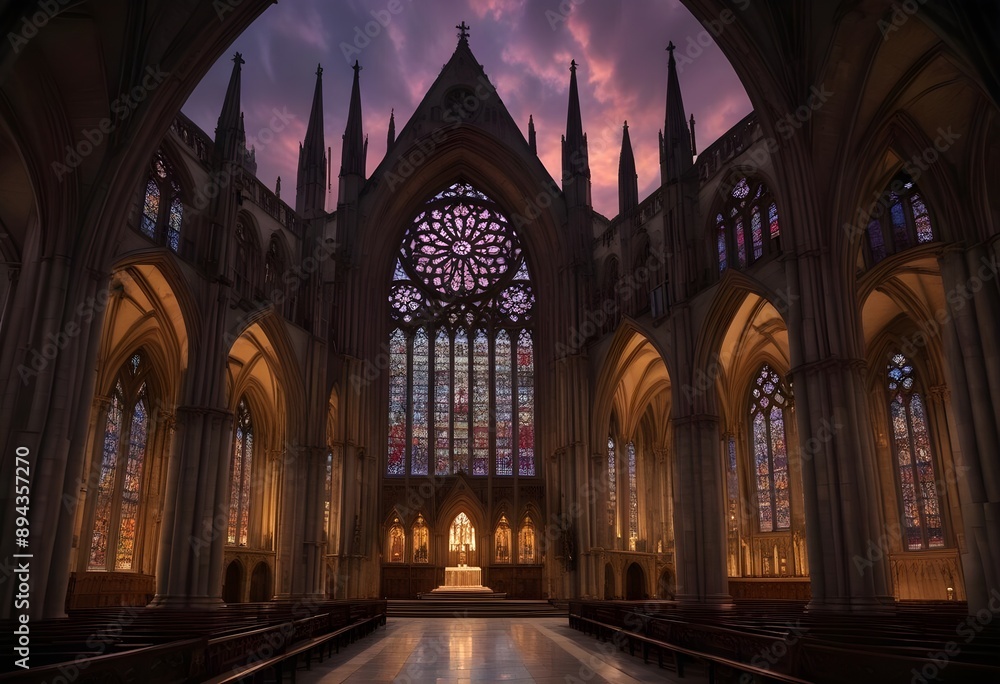 A vast cathedral with large windows and stained glass at night, featuring a partially open space A vast cathedral with large windows and stained glass at night, featuring a partially open space